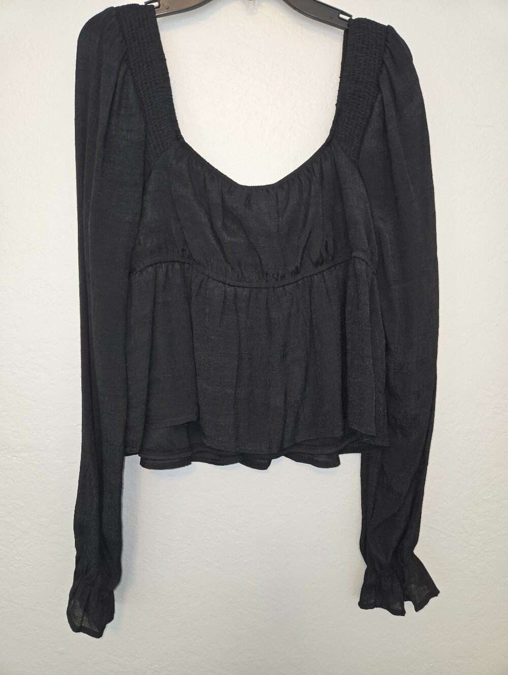 Honey & Sparkle Smocked V-Neck Long Puff Sleeve Top, Black - Picture 3 of 4